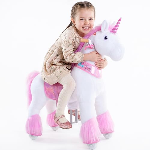 PonyCycle Mechanical Ride On Unicorn Hobby Horse Toy with Wheels Classic Model U Plush Walking Animal Rideable Unicorn for Toddlers Ages 4-7 Indoor Outdoor Riding unicorn Toy Pink Ux402