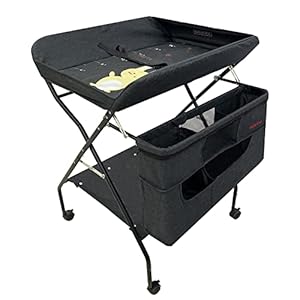 Baby Protable Changing Table with Wheels, Adjustable Height Folding Infant Diaper Station Mobile Nursery Stand with…