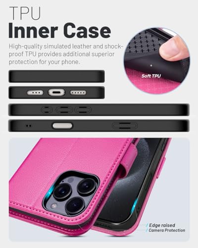 Coque iPhone 16 Pro Max antichoc en cuir PU portefeuille avec blocage RFID rose rouge