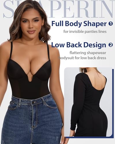 Image of SHAPERIN Backless Shapewear Strapless Bodysuit Bra Fajas U Plunge Tummy Control Low Back Full Body Shaper Corset for Women