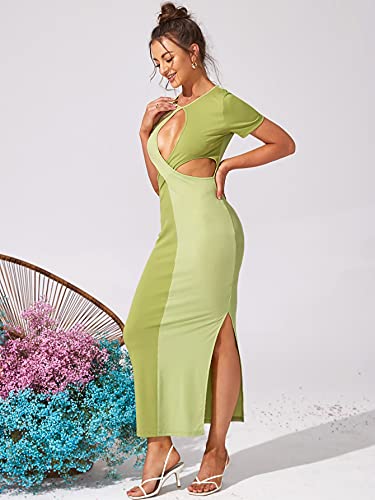 Wdirara Women's Sexy Cut Out Keyhole Front Dress Split Side Hem Colorblock Short Sleeve Bodycon Casual Maxi Dresses Green L #TOP3
