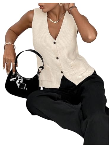 Image of SHENHE Women's Sleeveless V Neck Sweater Vest Button Up Casual Knitwear Outfits with Pockets Beige X-Small