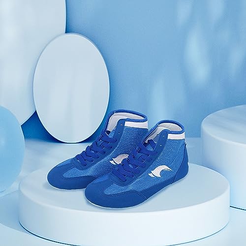 Kids School Wrestling Shoes Boys Girls Boxing Shoes Fitness Sneakers High Top Wrestling Training Shoes Anti Slip Boots (Blue, 1.5 Big Kids)3