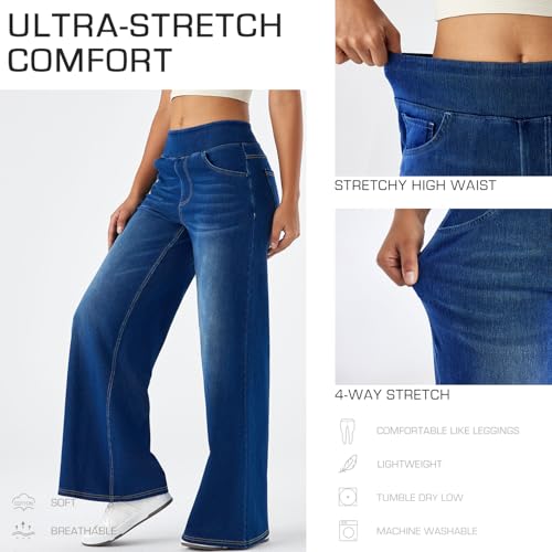 Women's High Rise Wide Leg Jeggings - Stretch Pull On Jeans-Style Pants, Soft Denim with Pockets4