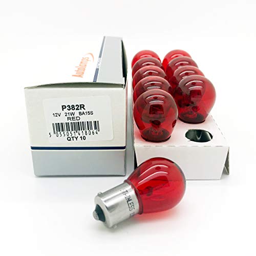 10 x Autolamps 382R P21W BA15S Brake Stop Tail Car Light Bulb 382 Red 12v 21w