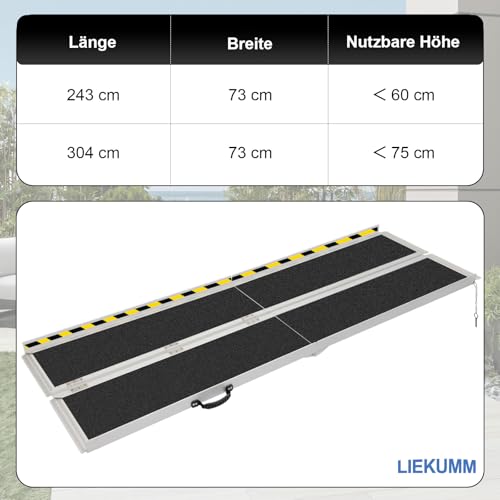 LIEKUMM Rollstuhlrampe 304 cm, 300 kg Tragkraft Aluminium Auffahrrampe rutschfest, Rollstuhlrampe für Treppen, Tragbare Rampe für Rollstuhl, Türschwellen, Zuhause