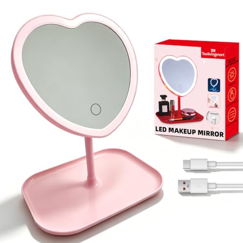 Taolivingmart Vanity Mirror Heart-Shaped Makeup Mirror with Three-Level Dimming and LED Lights for Girls and Students (Pink)