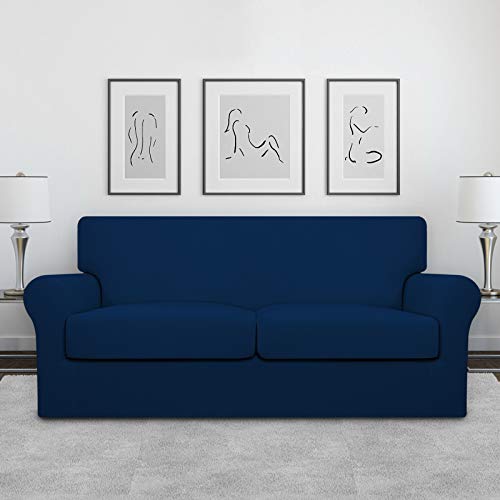 Image of Easy-Going Stretch Oversized Loveseat Couch Cover for 2 Cushion Washable | Sofa Slipcover for Stretch 2 Separate Sectional Cushion Couch - Furniture Protector for Pets, Kids Navy