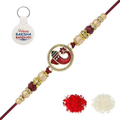 Image of Riddhika Ventures Religious Gold Plated Meenakari Sacred Ganesha Rakhi with Roli Chawal and One Happy Raksha Bandhan Keychain