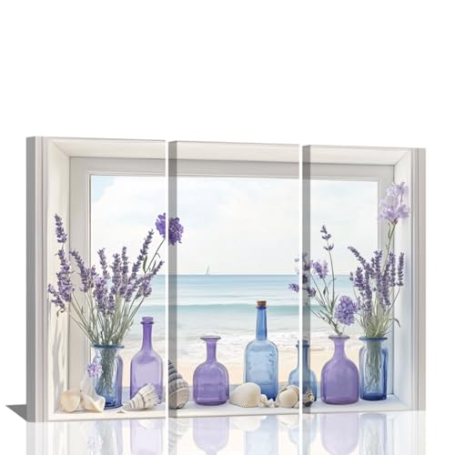 CHAOSETKEN 3ピース ラベンダー ウォールアート バスルーム装飾 パープルラベンダーキャンバスプリント 海岸風景写真 農家用素朴な花の絵画 額入り