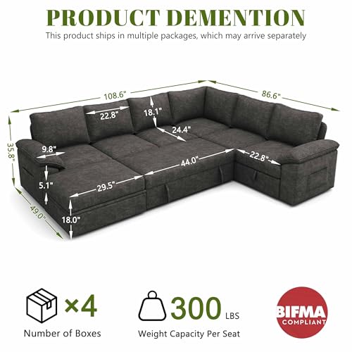 Image of 108 Inch Sectional Sleeper Sofa with Pull Out Bed, U Shaped 7 Seat Modular Sectional Sofa with Storage, Sectional Couches for Living Room, Cloud Modular Couch,Removable Sofa Cover, Dark Grey
