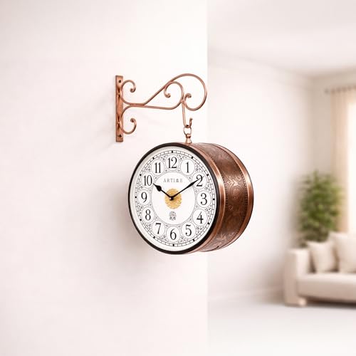 Image of Handcrafted Double Side Metal Analog Vintage Wall Clock | 1.5 Year Machine Warranty | 10 INCHES | 1 Side Number 1 Side Roman,Color Copper