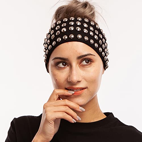Headbands For Woman Handmade Metal Spike Studded Punk Rock Elastic Comfort Headwrap Hair Accessories Classy Fashion Head Band Knot Turban Yoga Workout Sweatband Running Sport Hair Band (Black) #TOP2