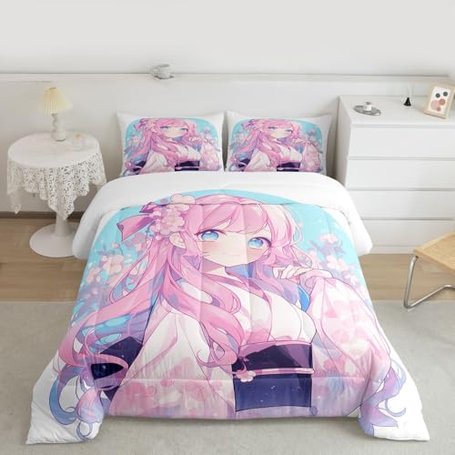 Image of Erosebridal Girls Bedding Japanese Style Comforter Set King, 3D Anime Girl Duvet Insert Cartoon Kawaii Kimono Girl Bedding Comforter Sets Romantic Gifts for Her