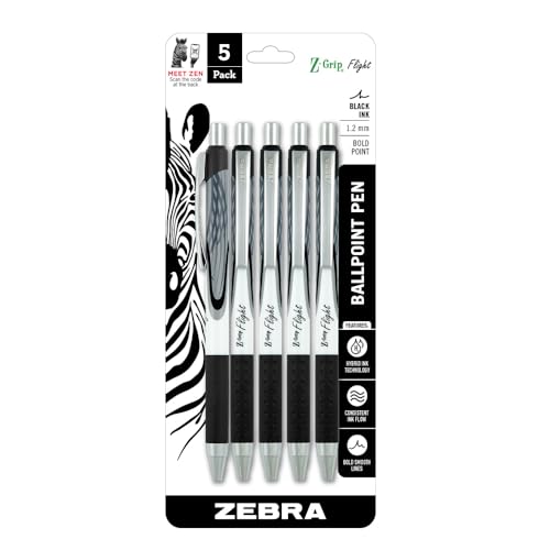 Zebra Pen Z-Grip Flight Retractable Ballpoint Pen, Bold Point 1.2mm, Black Ink, School Supplies, Teacher Supplies, and Office Supplies, Smooth Writing, Quick-Drying, 5-Pack (21915)