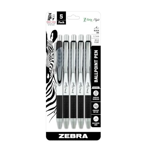 Zebra Pen Z-Grip Flight Retractable Ballpoint Pen, Black Ink, 1.2mm, 5-Pack