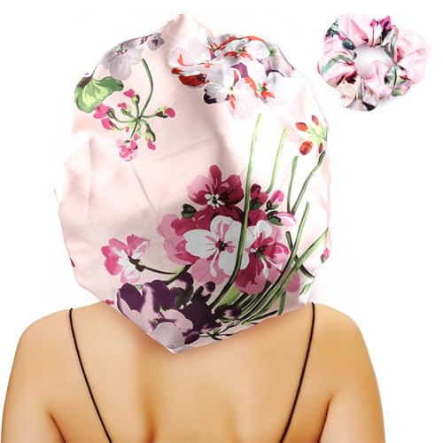 sent hair Large Round Satin Bonnet for Sleeping, Double-Layer Elastic Hair Bonnet with Silky Tie Band for Women Braids/Curly/Long Hair - Pink Floral
