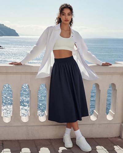 G4Free Casual Skirts for Women A Line High Waisted Flowy Pleated Swing Midi Length Skirt with Pockets Stretchy Workout Quick Dry(Dark Navy,S) — view 2