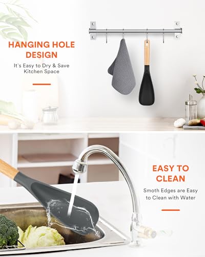 Image of Cooking Spoon for Nonstick Cookwares, Great for Cooking and Serving Durable BPA-Free Matte Silicone, Wood Handle Spoon for Mixing, Scoop, and Scrape (2Pack,Black&Grey)