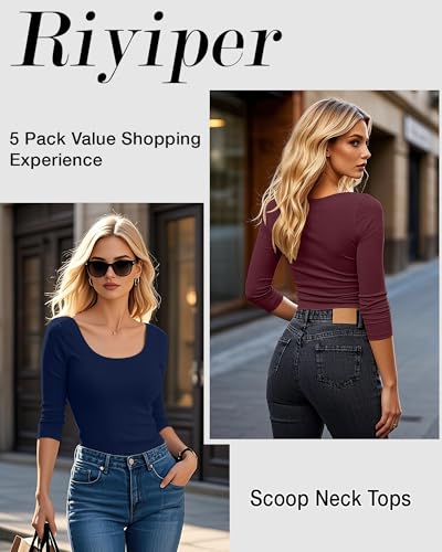 Riyiper 5 Pack Women's 3/4 Sleeve Shirts, Cotton Scoop Neck Tops Slim Fit Stretchy Basic T Shirts Casual Athletic Tees2