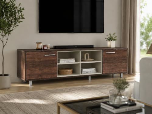 Image of Ritz Engineered Wooden TV Cabinet & Entertainment Unit with Adjustable Center Compartments | Modern Living Room TV Stand with 2 Storage Cabinets | 1800 x 430 x 550 mm - Columbia Walnut & Ivory