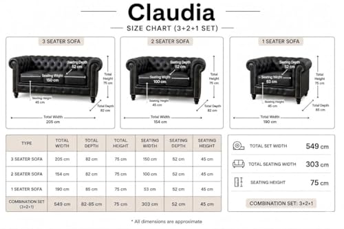 Image of Modern Classic Design Leatherette Luxury Chester Sofa Set with Button Tufted, Sofa for Living Room Home, Office, Living Room Set, Hotle and Lobby (Black, 3+2+1=6 Seater Sofa)