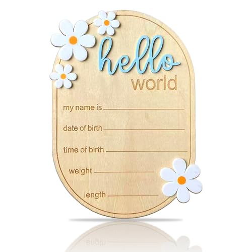 Image of Hello World Newborn Sign, Baby Announcement Sign, Hello World Signs, Newborn Signs Announcement Board for New Baby, Wooden Birth Name Board Decor, Welcome Arrival for Nursery Hospital Girl Boy(Blue)