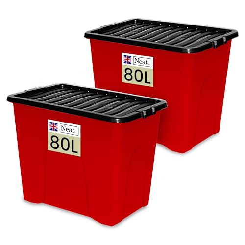 Neat. 80L Storage Boxes with Lids - Red Base & Black Clip Lid Ideal for Home Organisation, Durable, Space-Saving Plastic Box with Lid Storage Solutions Great for Bedroom, Garage & Office Use Pack of 2