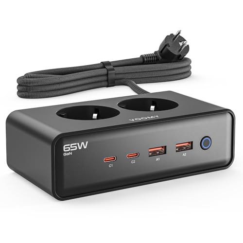 Voomy Multiprise avec Ports USB 65W, Protection Contre Les Surtensions, Les Surcharges et Les Courts-Circuits, Verrouillage de Sécurité, 2 Mètres (Noir)