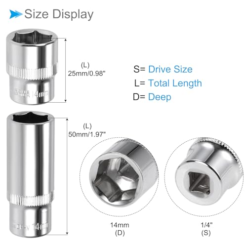 Image of 6-Point Socket, 1 /4 inch Drive 14mm Deep, Polished Chromed CR-V Metric Deep and Shallow Impact Socket - (Applications: for Ratchet Torque Electric Wrenches Car Repair), 2-Pieces