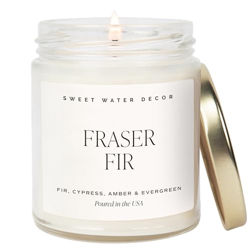 Sweet Water Decor Fraser Fir Candle | Evergreen, Cedar, Balsam, Pine Winter Christmas Tree Scented Soy Candles for Home | 9oz Clear Jar, 40 Hour Burn Time, Made in The USA