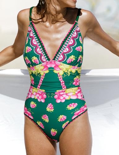 FLAXMAKER Women One Piece Deep V Neck Grapes Print Padded Swimsuit Two Piece Swimwear Bathing Suits2