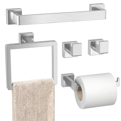 Image of 5-Pieces Brushed Nickel Bathroom Accessories Set, 16 Inch Towel Bar Set | Stainless Steel, Towel Ring, Toilet Paper Holder, Robe Hooks, Towel Racks for Bathroom Wall Mounted, Bathroom Hardware Set