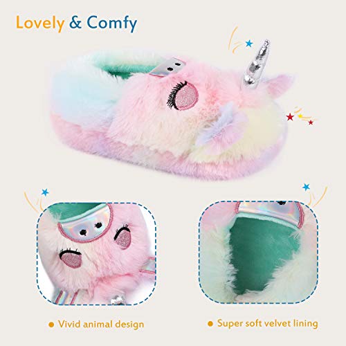Longbay Boys Girls Cute Animal House Shoes Fuzzy Plush Fleece Slippers With Soft Anti-Skid Sole (Medium / 11-12, Adorable Rainbow Unicorn) #TOP2