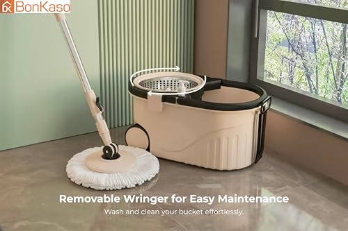 Image of Bonkaso Spin Mop with Stainless Steel Wringer & Big Wheels | 360 Rotating Mop, Adjustable Handle | Easy Floor Cleaning Bucket Set with 2 Microfiber Refills - Beige & Black (46 x 26.5 x 23 cm)