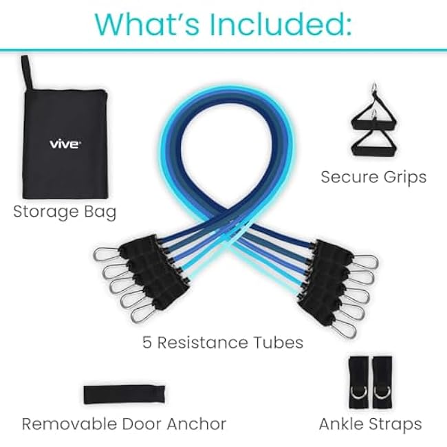 Vive Resistance Bands with Handles (11 Pcs) - Tube Rehab Band Set - Shoulder Pulley Door Anchor - 2 to 70 LBs Tension - Home Workout Elastic Fitness Equipment - Men, Women Training Therapy