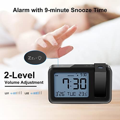 CHEREEKI Projection Alarm Clock, Digital Projector Clock Mains Powered Bedside with Big Digit Display, Indoor Temperature Display, Snooze, 4 Adjustable Brightness for Bedroom, Home(Black)