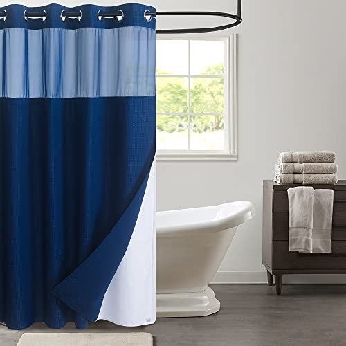 WPM No Hooks Required Shower Curtain with Snap-in Liner Waffle Weave Design, Hotel Grade Style Waterproof & Washable, Mesh top Window Easy Snaphook Bathroom Navy Blue Curtains (54"x80" W/Liner, Navy)