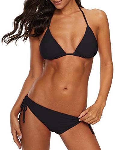 American Trends Women's String Two Piece Halter Top Triangle Bikini Set with Tie Side Bottom Sexy Swimsuit Bathing Suits 01 Black XS