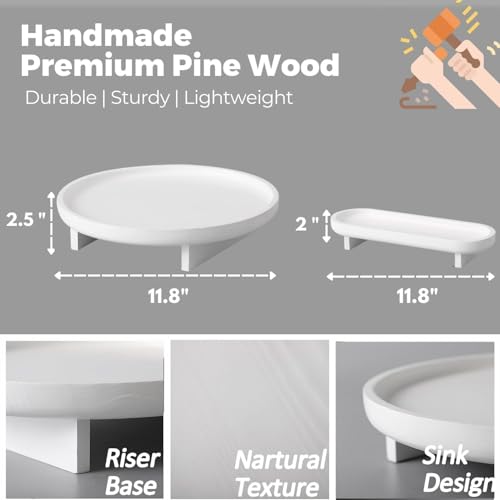 Image of 2 Pcs Round Wooden Decorative Tray, Coffee Table, Bathroom Vanity, Kitchen Counter, White, Rustic Wood Tray Decor
