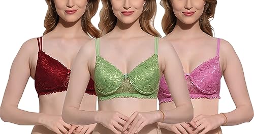 Image of FIMS - Fashion is my style Women Cotton Lycra Floral Lace Lightly Padded Bra Wired Seamless Fullcoverage Multicolor Cup- B