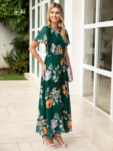 Image of Simplee Womens Casual Floral Summer Maxi Dress 2026 Boho Flowy Short Sleeve Crew Neck Vacation Smocked Chiffon Dresses