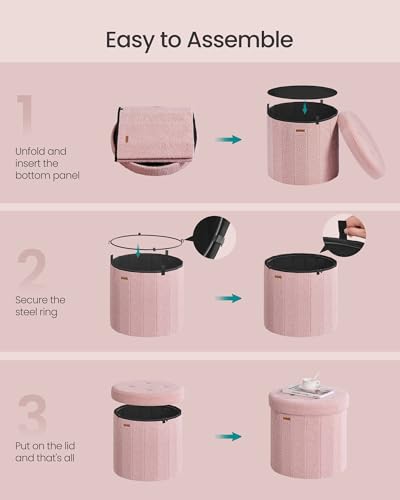 Image of SONGMICS Mazie Collection - Round Storage Ottoman, Folding Footrest Stool with Removable Lid, Easy Assembly, Teddy Fleece Vanity Stool for Bedroom, Living Room, Entryway, Jelly Pink ULSF606R01