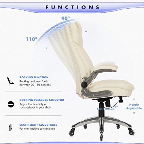 Image of COLAMY Ergonomic Office Chair, Set of 2 Boxes, High Back Leather Desk Chair with Flip-up Arms, Adjustable Height & Rocking Function, Silent Wheels, Ivory Executive Computer Chair, 300lbs Capacity