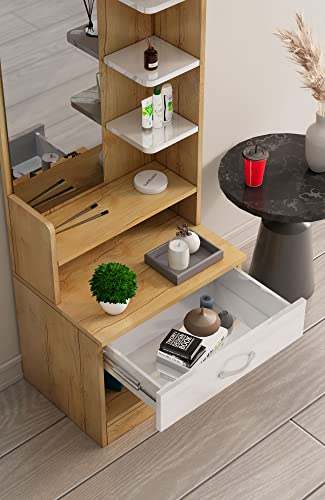 Image of Bniture Wooden Dressing Table for Bedroom with 1 Drawer, Mirror and Huge Storage Space | Long Dresser Vanity Table with Mirror (42D x 60W x 180H CM) | 1 Year Warranty (Giant Wood & Frosty White)