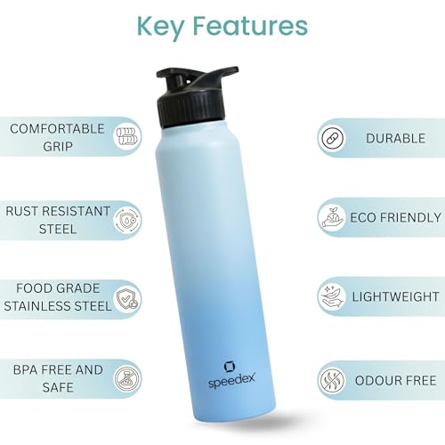 Image of Speedex Stainless Steel Metal Water Bottle 1 Ltr 1000 ml, BIS Approved, Leak Proof Sipper Cap Bottle for Office, School, Gym, Travel, Daily Use for Men, Women, Kids, Adults, Dual Blue, Set of 4