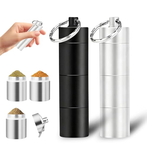 2 Pièces Mini Salières pour les Déplacements Portable, Mini Salières pour les Déplacements Rechargeables Aluminium étanche avec Couvercle Voyages Pique-niques en Plein Air Cuisine (Noir/Argent)