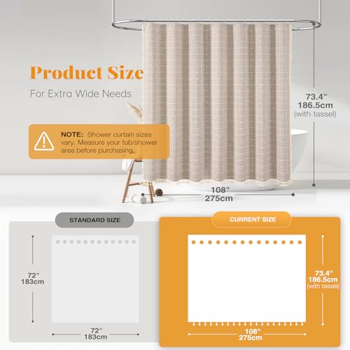 Image of BTTN Extra Wide Shower Curtain - 108x72 Inch Boho Farmhouse Fabric Weighted Linen Shower Curtain Set with 18 Hooks, Large Country Hotel Neutral Waterproof Cloth Shower Curtains for Bathroom, Taupe /Tan