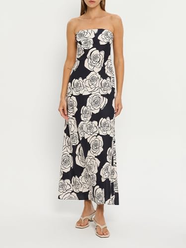 Image of Women Floral Print Maxi Tube Dress Strapless Flowy Long Bandeau Dress Y2K Open Back Sundress Summer Beachwear