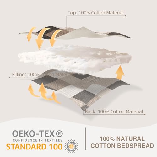 Image of EWlinens 100% Cotton 120 inchx102 inch Oversized Queen Bedspread - Reversible Patchwork Plaid Extra Large Quilt Bedding Set, Queen Bedspreads Coverlet Set, Lightweight Cozy Luxurious Quilts, 3pcs, Brown /Beige